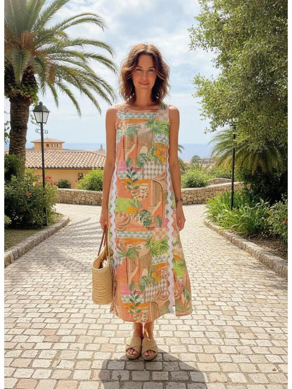Oddi Los Angeles Tropical Print Sleeveless Midi Dress with Ric Rac Trim Size M